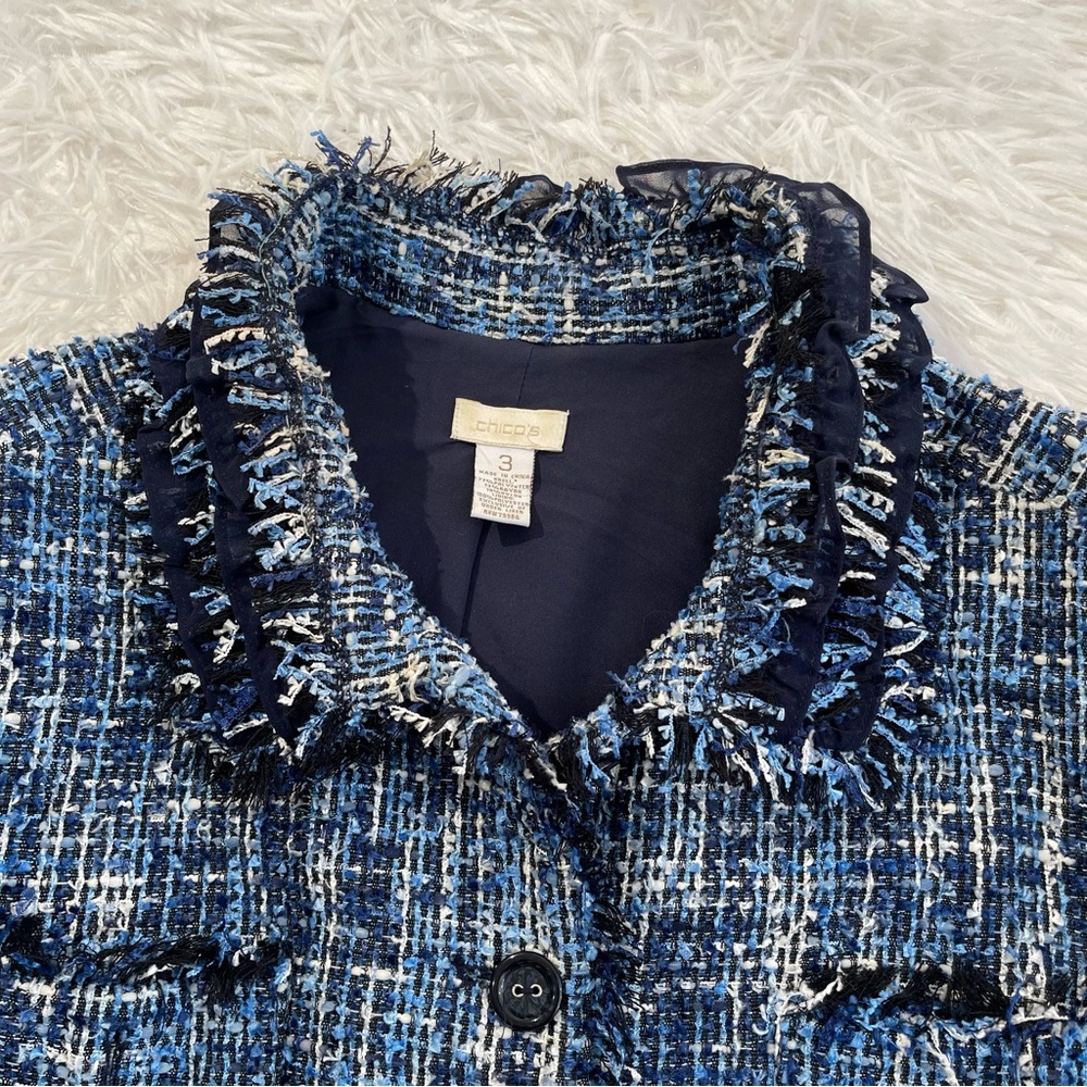Chico's Blue Tweed Fringed Blazer - Picture 6 of 9